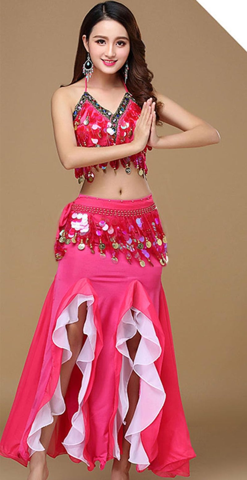 ORIDOOR Women's Belly Dance Dress Set - Rose Red - One Size Fits Most - Bra Top, Waist Belt & Chiffon Skirt - Hand Wash Only - Image 3